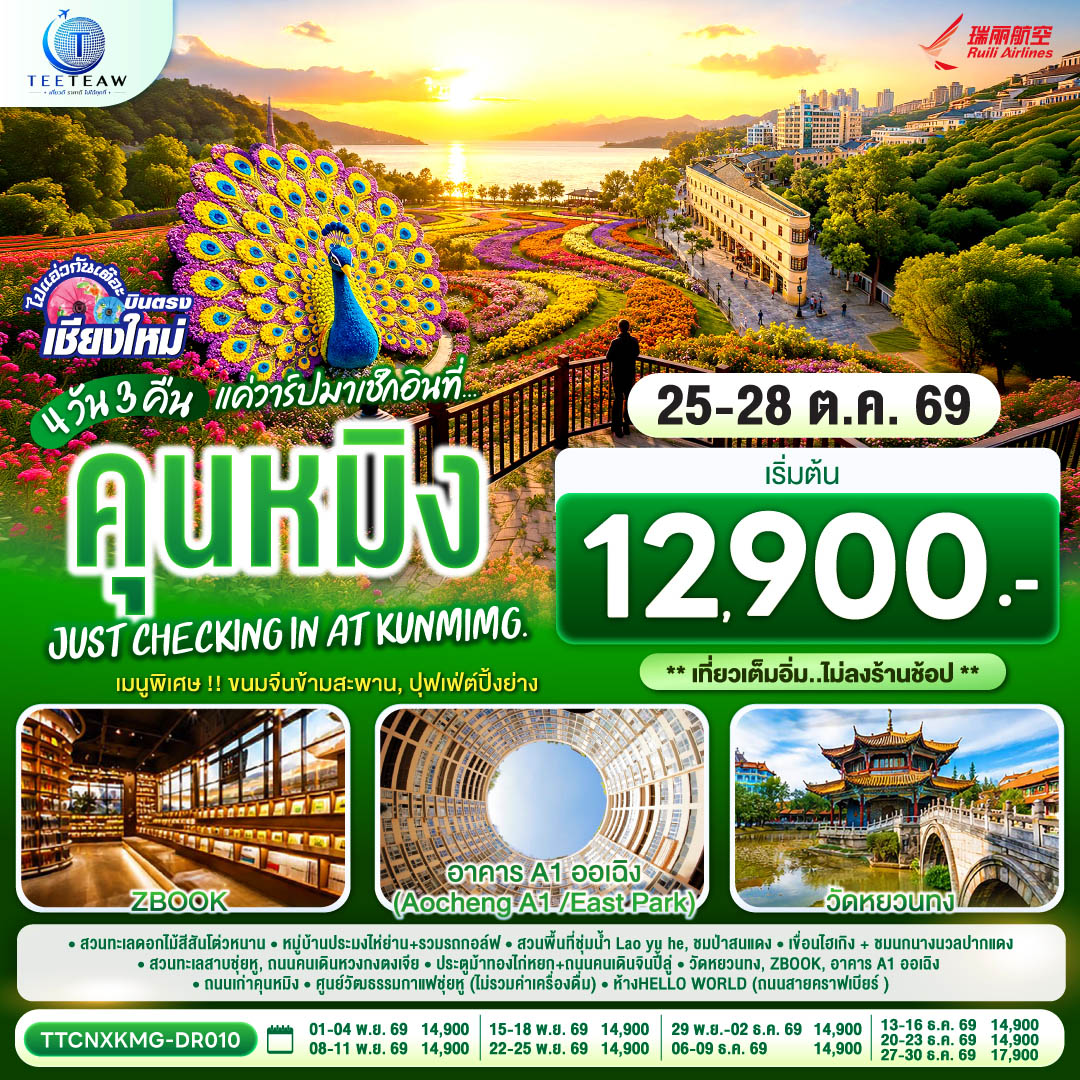 สวนทะเลดอกไม้สีสันโต่วหนาน|หมู่บ้านประมงไห่ย่าน รวมรถกอล์ฟ|สวนพื้นที่ชุ่มน้ำLao yu he |ชมป่าสนแดง|ทะเลสาบเตียนฉือ|ชมนกนางนวลปากแดง|สวนทะเลสาบชุ่ยหู| ถนนคนเดินหวงกงตงเจีย |ศูนย์วัฒธรรมกาแฟชุ่ยหู(ไม่รวมค่าเครื่องดื่ม)|ประตูม้าทองไก่หยก ถนนคนเดินจินปี้ลู่ |วัดหยวนทง|ห้างHELLO WORLD